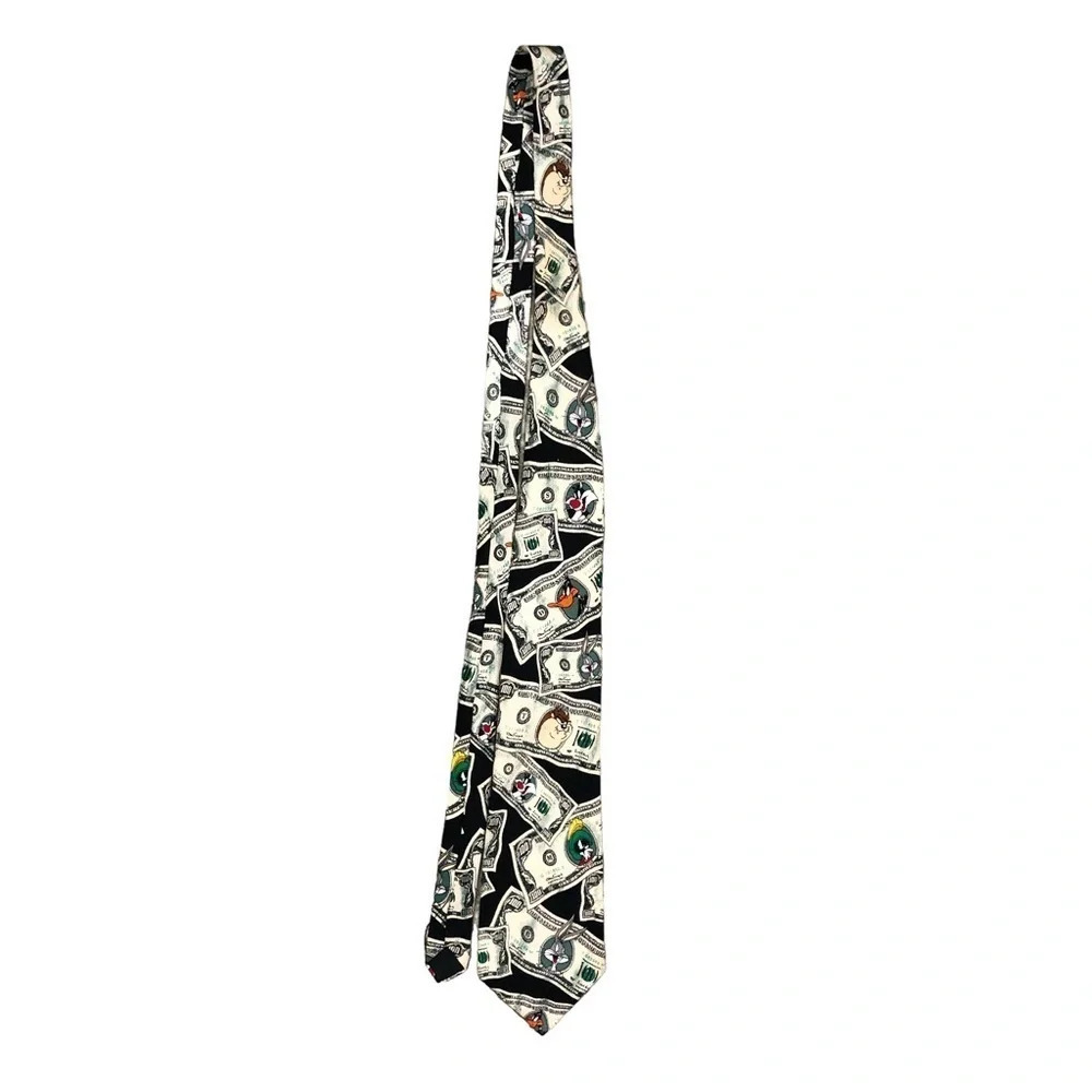 1995 Looney Tunes Mania 100 Dollar Bill 100% Silk Necktie Tie Hand Made EUC